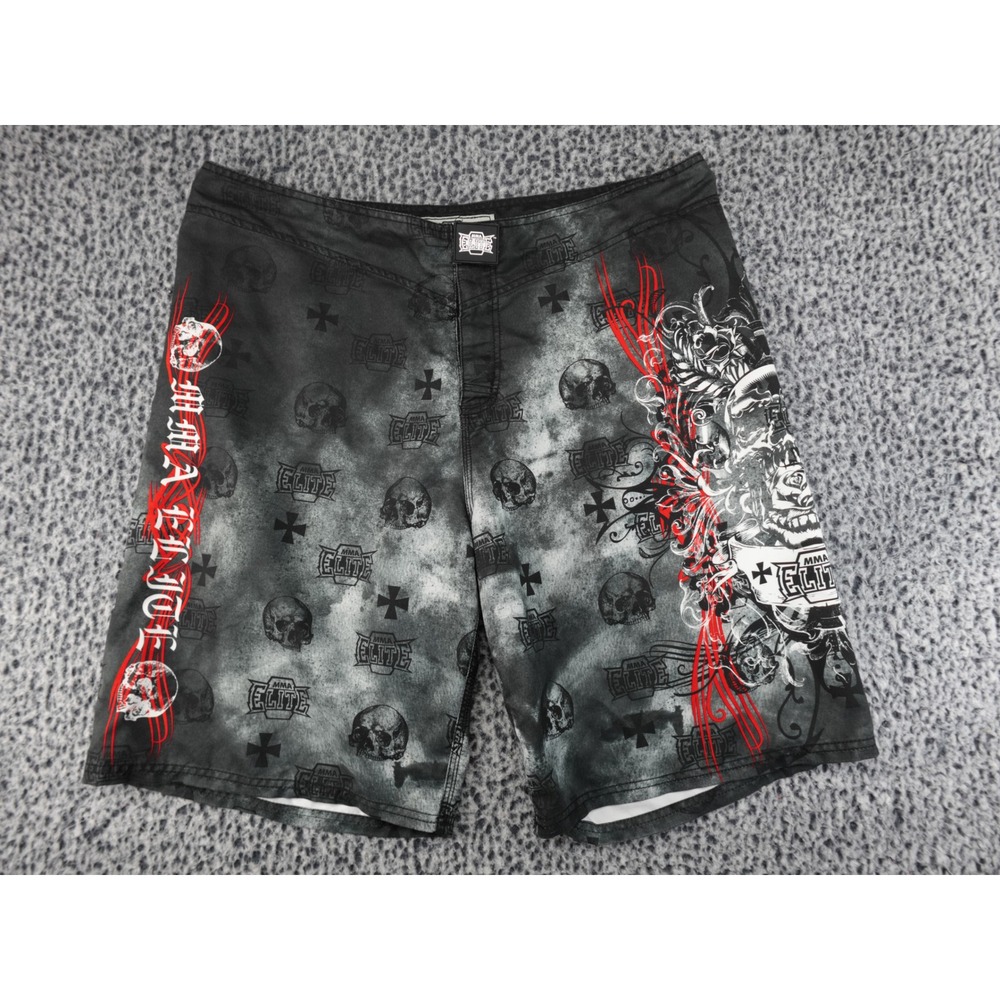 MMA Elite Board Shorts Mens XL Grey Black Skull Graphic Y2K Good Cross‎ Print